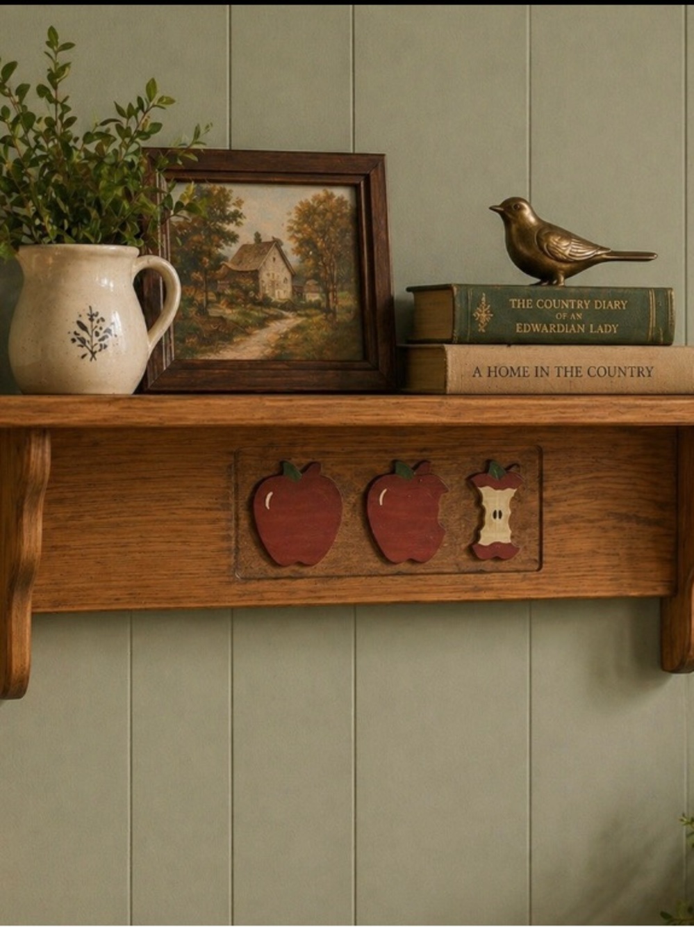 Vintage 90s Wooden Wall Shelf Red Apple Home Decor farmhouse country primitive